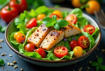 Grilled fish fillets atop fresh green salad with colorful cherry tomatoes and basil