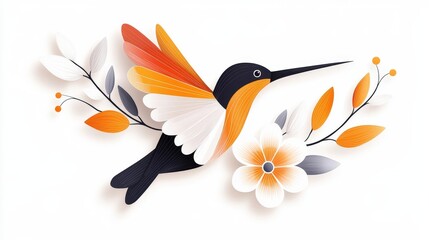 Colorful Hummingbird Illustration with Flowers and Leaves in a Modern Paper-Cut Style Design