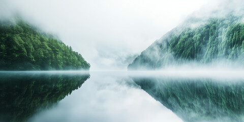 serene lake surrounded by misty, forested hills creates tranquil scene