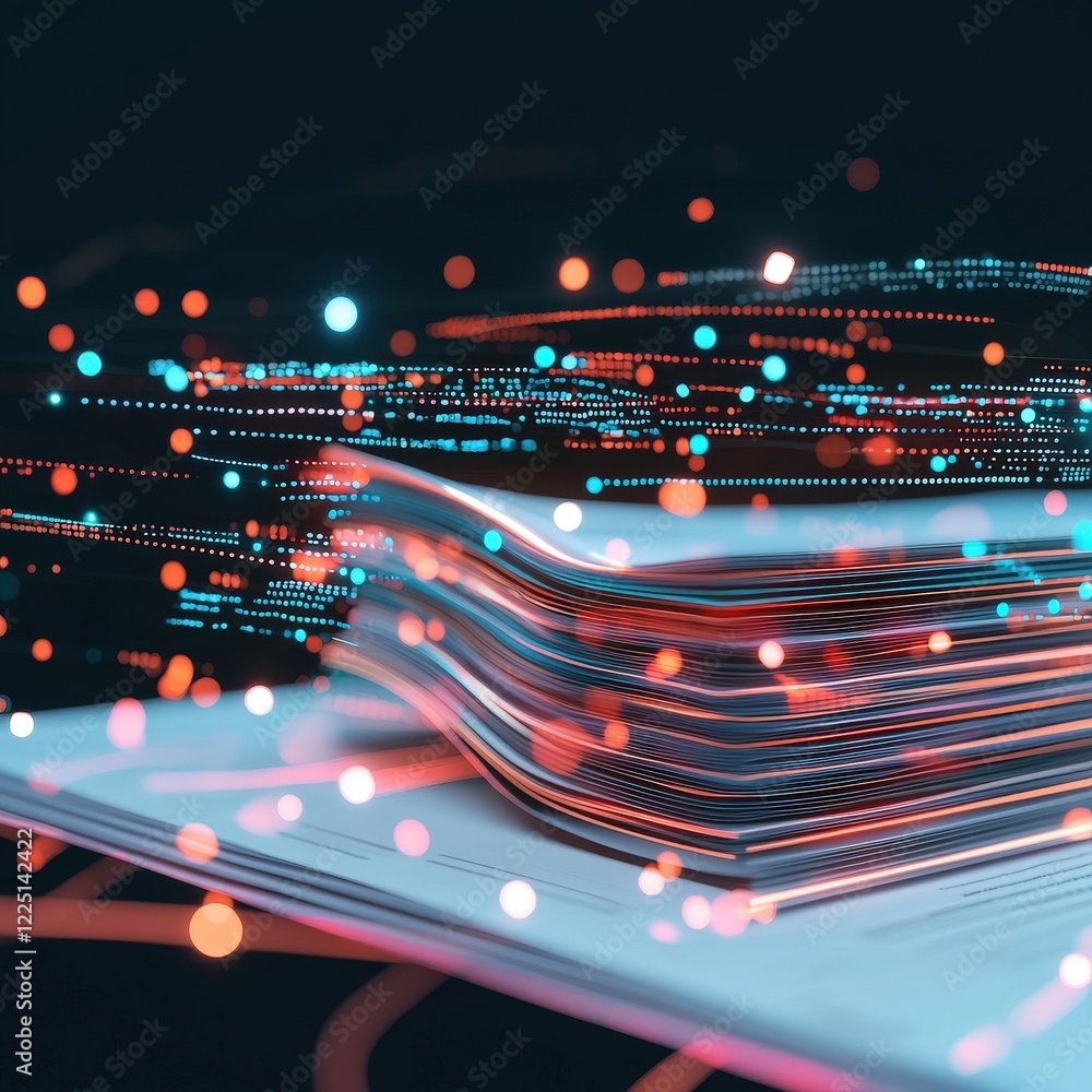 Poster policy papers surrounded by glowing data lines symbolizing transparency