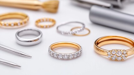 Elegant gold and silver rings with diamond detailing and jewelry tools on white background