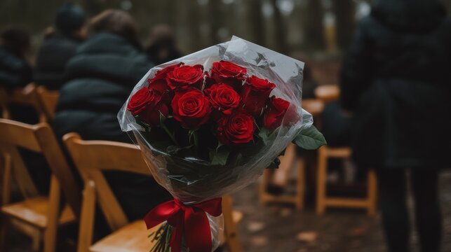 Bouquets of Red Roses at a Somber Outdoor Ceremony Gathering