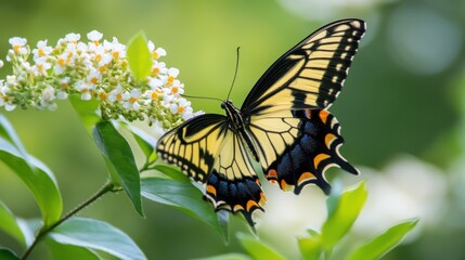 Obraz premium A vibrant yellow butterfly gracefully perched on delicate white flowers, surrounded by lush green foliage, capturing a moment of nature's beauty in a tranquil garden setting