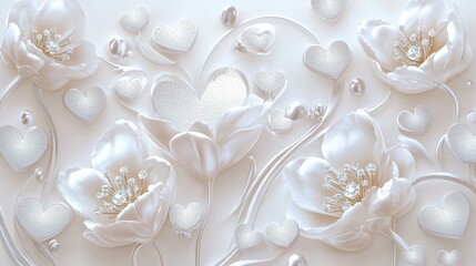 Elegant white floral and heart patterned background with pearls for romantic decor