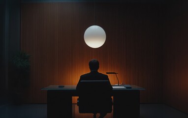 Modern executive office with a businessman in a black dress shirt and tie, sitting at a clean glass desk. 