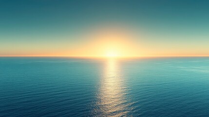 Obraz premium Serene ocean sunset with golden light reflecting on calm water, teal and blue hues dominate the scene, creating a tranquil and peaceful atmosphere. A