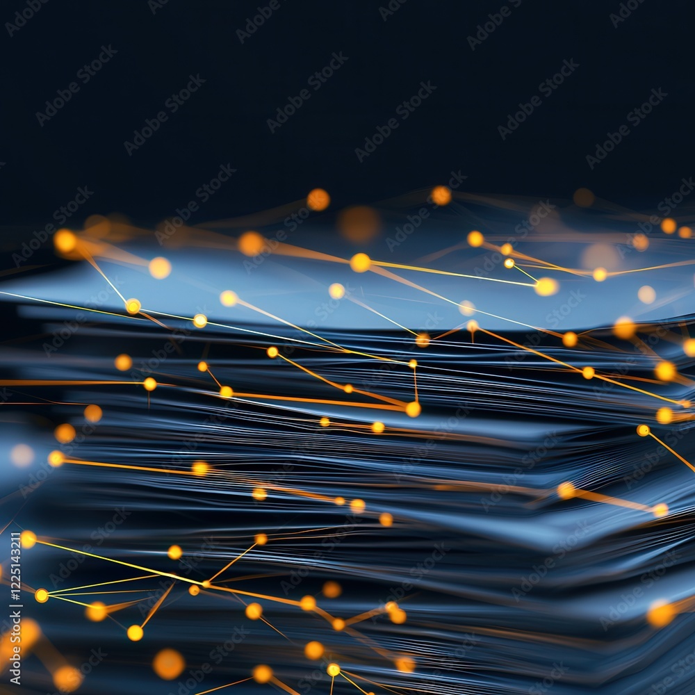 Poster policy papers surrounded by glowing data lines symbolizing transparency