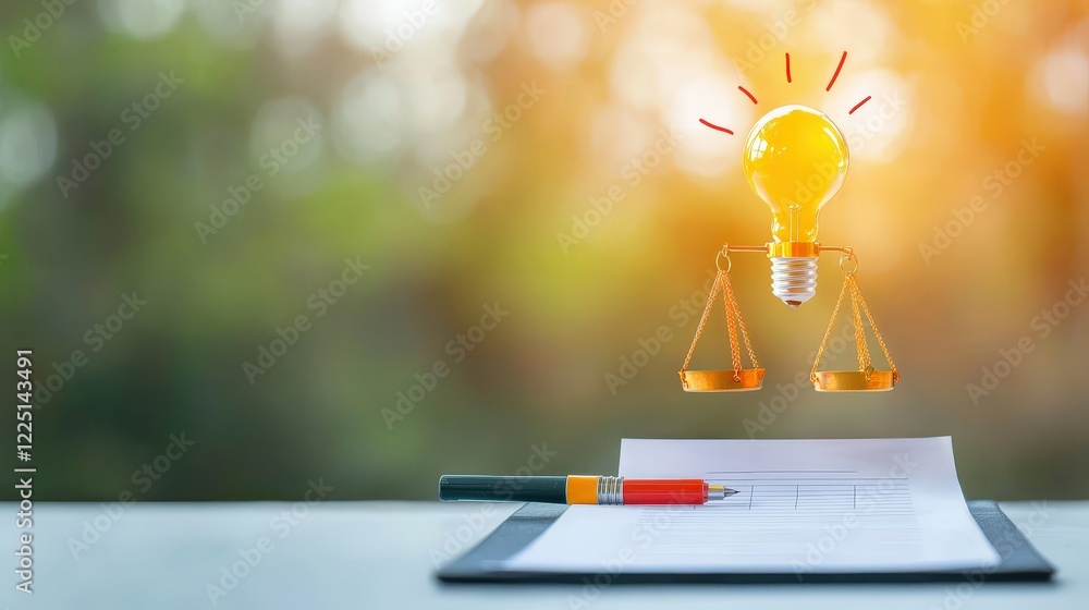 Poster scales glowing with a checklist document symbolizing balance