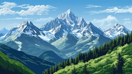 Fototapeta premium Majestic mountain range under a clear blue sky with lush green valleys and pine forests