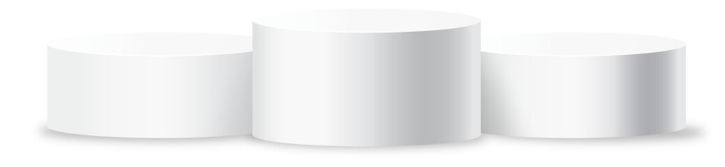 Three Podium in round shape. Studio showroom product pedestal, stage showcase mockup scene.
