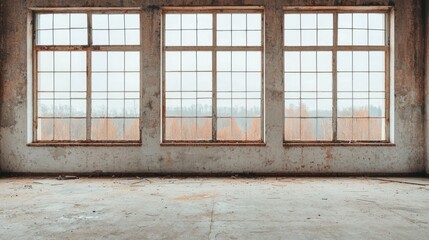 A spacious, minimalistic interior with large, industrial-style windows allowing natural light to illuminate the weathered walls and floor.