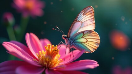A delicate iridescent butterfly rests gently on a vibrant pink flower, bathed in the warm glow of sunrise, a breathtaking moment of natural beauty