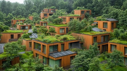 Modern Eco-Friendly Houses Surrounded by Lush Greenery and Trees