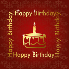 Happy Birthday greeting card in gold color on red background