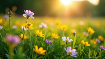 Golden Hour Meadow A Serene Landscape of Blooming Wildflowers Basking in the Warm Sunset Glow