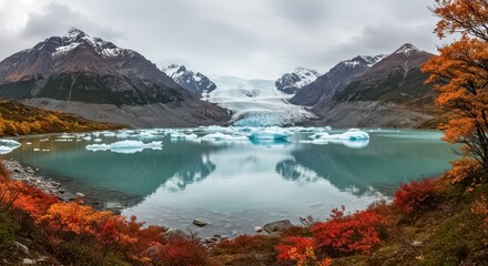 Obraz premium A panoramic view of a massive glacier melting into a crystal clear lake with colorful autumn foliage on the side