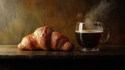 Buttery croissant and steaming coffee on rustic wood.