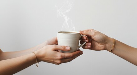Two Hands Passing Steaming Hot Coffee Cup with Smoke on White