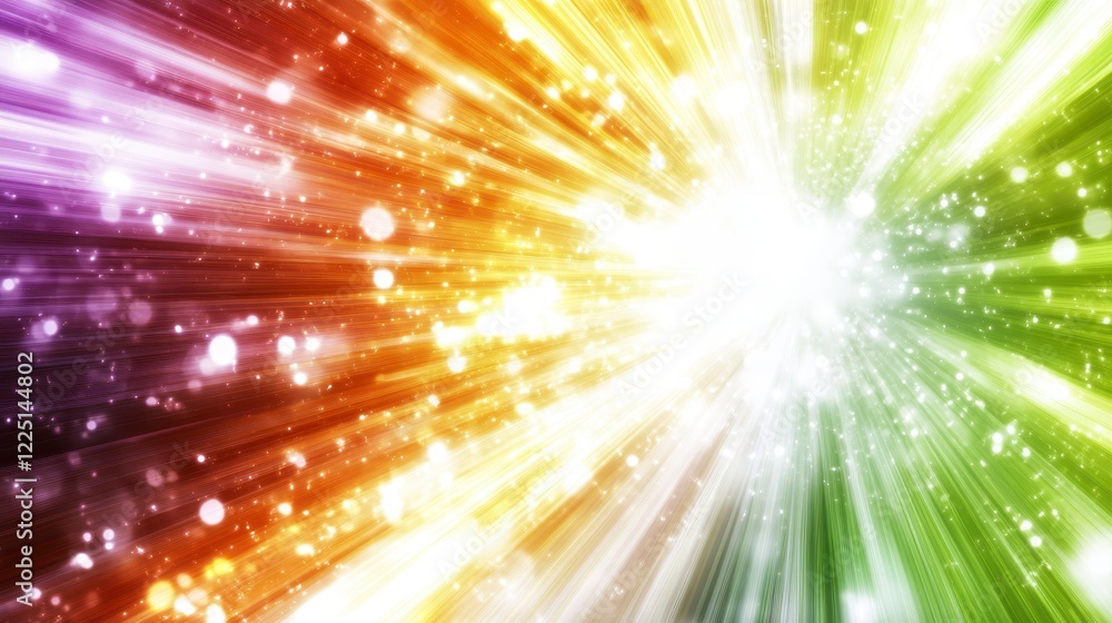 Aufkleber abstract background with vibrant rainbow rays radiating from the center, sparkling bokeh effect, and