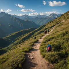 Fototapeta premium A picturesque mountain range with hikers walking on a winding trail, carrying backpacks, with lush greenery and a clear blue sky.