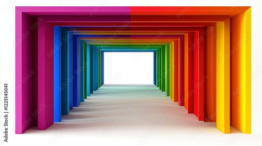 Poster abstract colorful rainbow tunnel receding into bright white light. rectangular shapes create a vibra