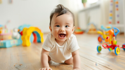 happy baby is crawling on wooden floor surrounded by colorful toys, expressing joy and curiosity
