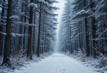 Naklejka premium beautiful snowy road in winter forest
