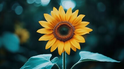 Fototapeta premium Close up view of a single sunflower with yellow petals and dark brown center, set against a blurred background of teal and green hues. Soft lighting