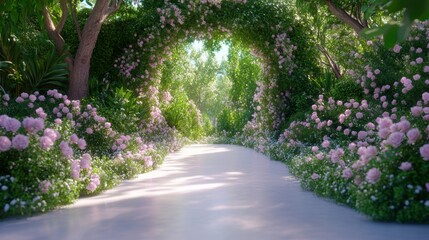 Enchanting flower tunnel in vibrant garden with blooming pink roses and lush greenery