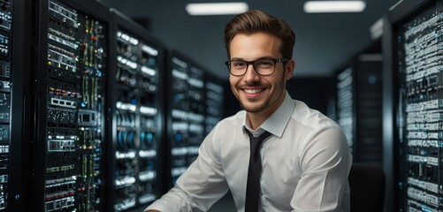 Fototapeta premium Confident programmer in a state-of-the-art data center, smiling while coding on a dual-monitor setup