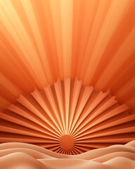 Terracotta Instagram story with a central sunburst design and gradient rays. Two photo placeholders are on the bottom, with text space at the top