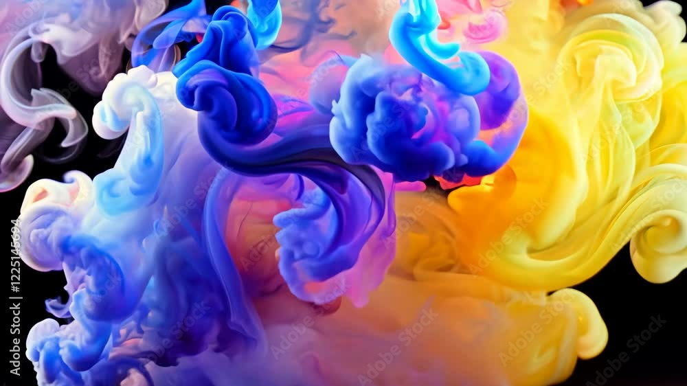 Poster colorful ink swirling in water creating vibrant abstract patterns on black background