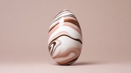 Abstract marble egg sculpture with brown and white swirls on neutral background