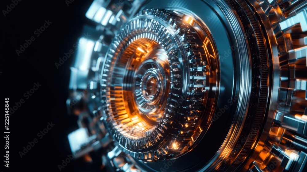 Poster a futuristic engine component showcasing intricate design and precision, isolated on a black backdro