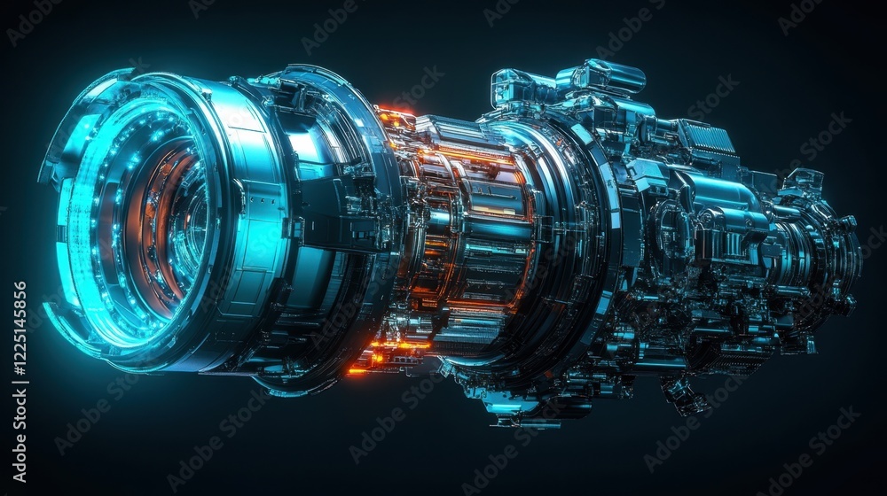 Poster a futuristic engine component showcasing intricate design and precision, isolated on a black backdro