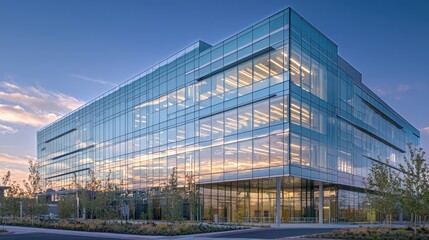 Modern glass office building at sunset. (1)