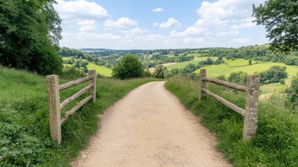 Fototapeta premium Tranquil country pathway through lush green fields under a clear blue sky
