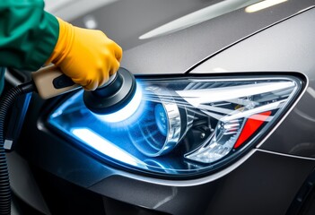 Polishing car headlight with specialized tool and protective gloves in modern garage