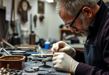 Senior man watchmaker repairing a watch in a workshop