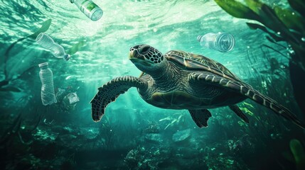 Fototapeta premium Marine life endangered: turtle swimming near plastic bottles and bags in the ocean, symbolizing environmental issues