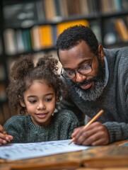Father helps his young daughter with homework in a cozy library, both focused and engaged in learning