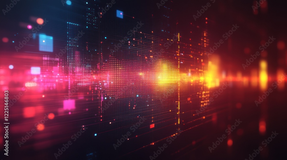 Poster abstract digital data stream: neon lights and pixelated grid