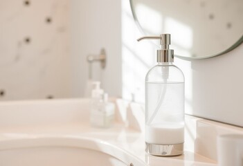 Liquid soap dispenser in a bathroom. Hygiene and interior design concept