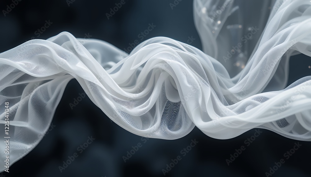 Poster abstract flowing white sheer fabric against a dark backdrop, creating soft waves and delicate textur