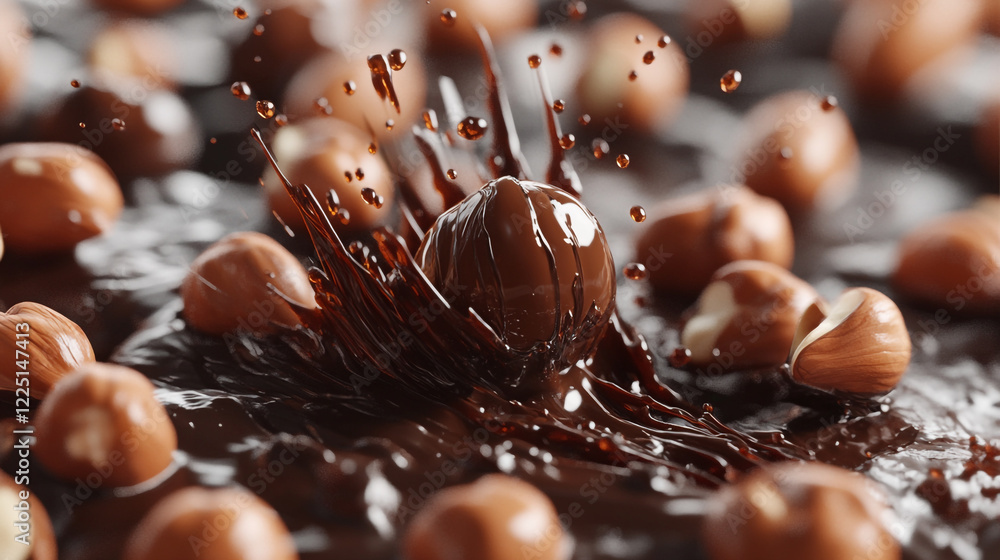 Poster Chocolate and hazelnuts create a delightful splash in a dessert preparation process