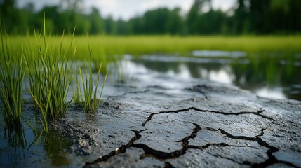 Serene Wetland Landscape with Green Grass and Cracked Muddy Ground