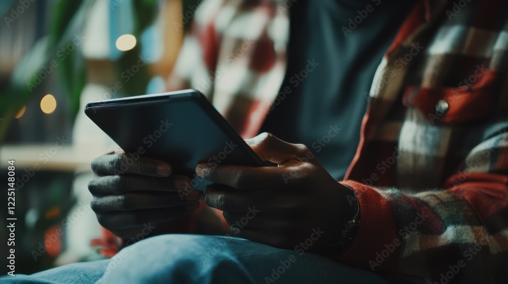 Poster selective focus. close up of black man's hands holding digital tablet with reflective touchscreen su