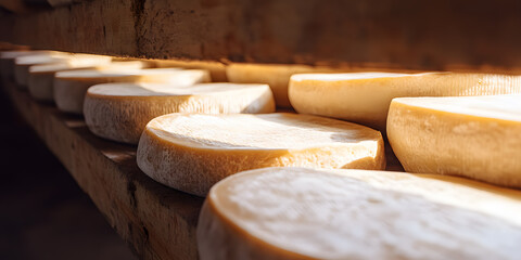 Fromages sur étagère dans un cave d'affinage