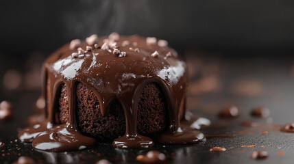 Mouthwatering chocolate dessert sits on dark surface with melting ganache