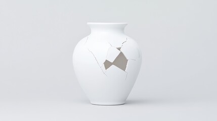 Cracked white vase on minimalist background reflects imperfection and artistic beauty